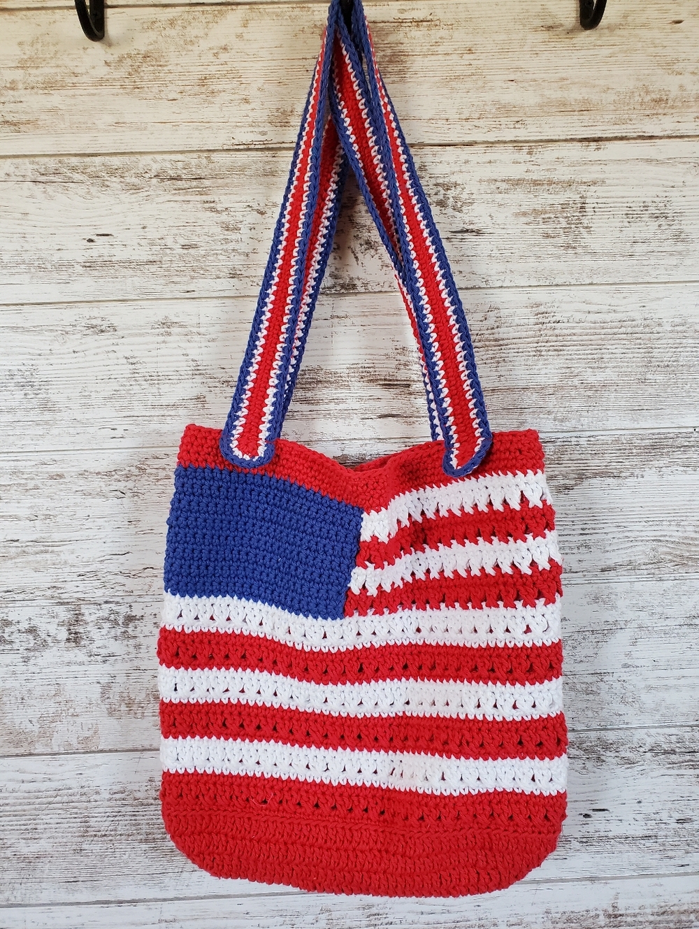 Handmade Reversible Crochet American Flag Tote Bag - Patriotic 4th of July